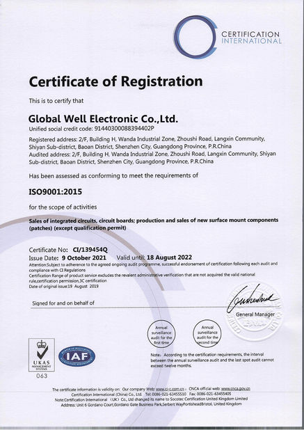 Cina Global Well Electronic Co., LTD Sertifikasi